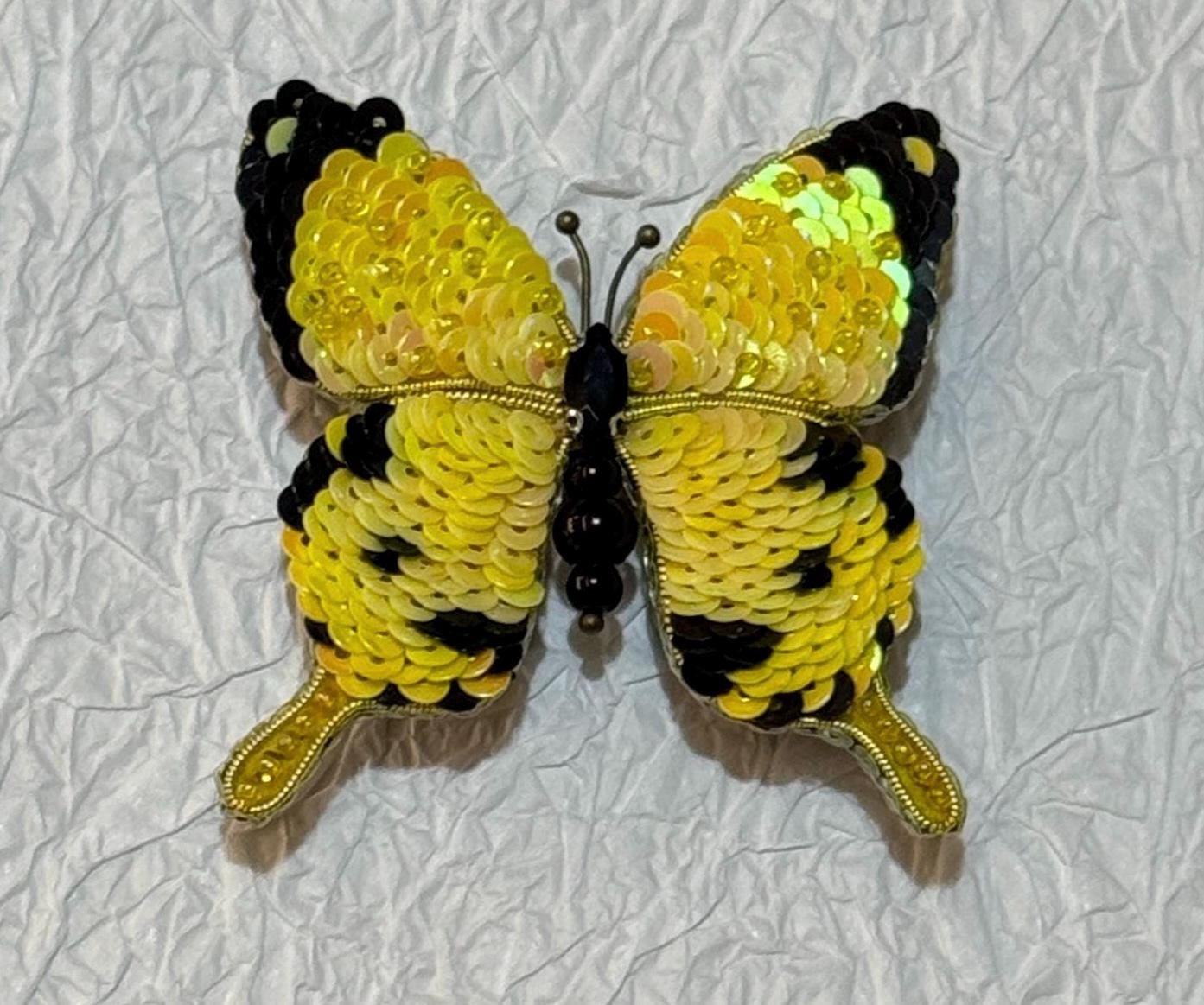 Handmade Yellow Butterfly Brooch: Beaded Embroidered Pin