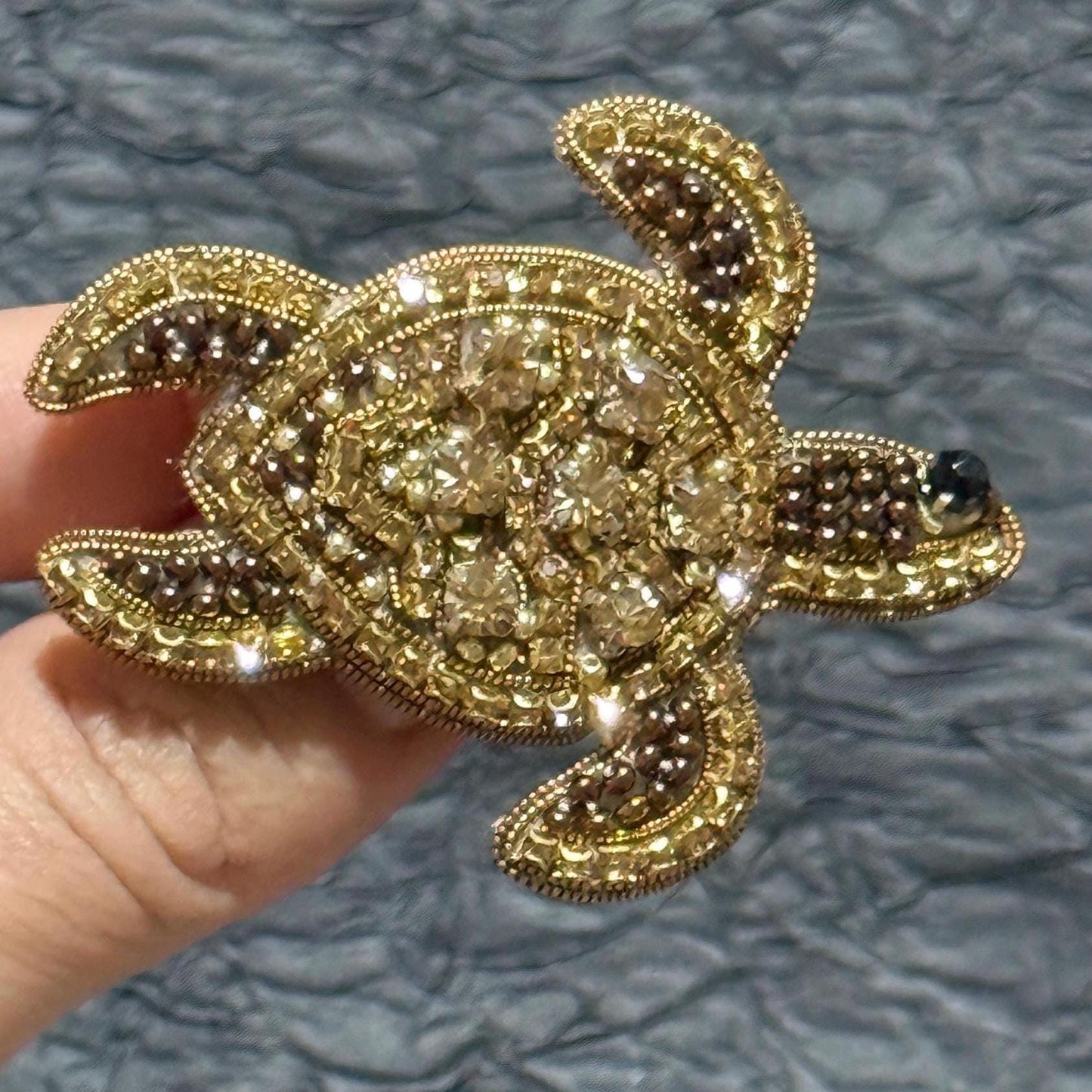Handmade Beaded Turtle Brooch: Gold Sequins & Crystals