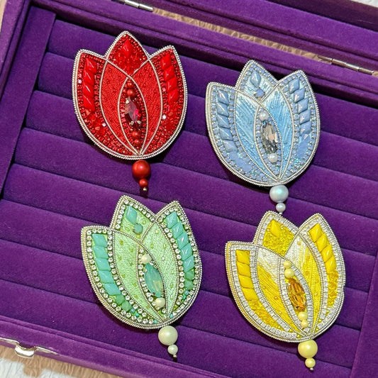 Handmade Beaded Tulip Brooch: Crystal Floral Statement Pin
