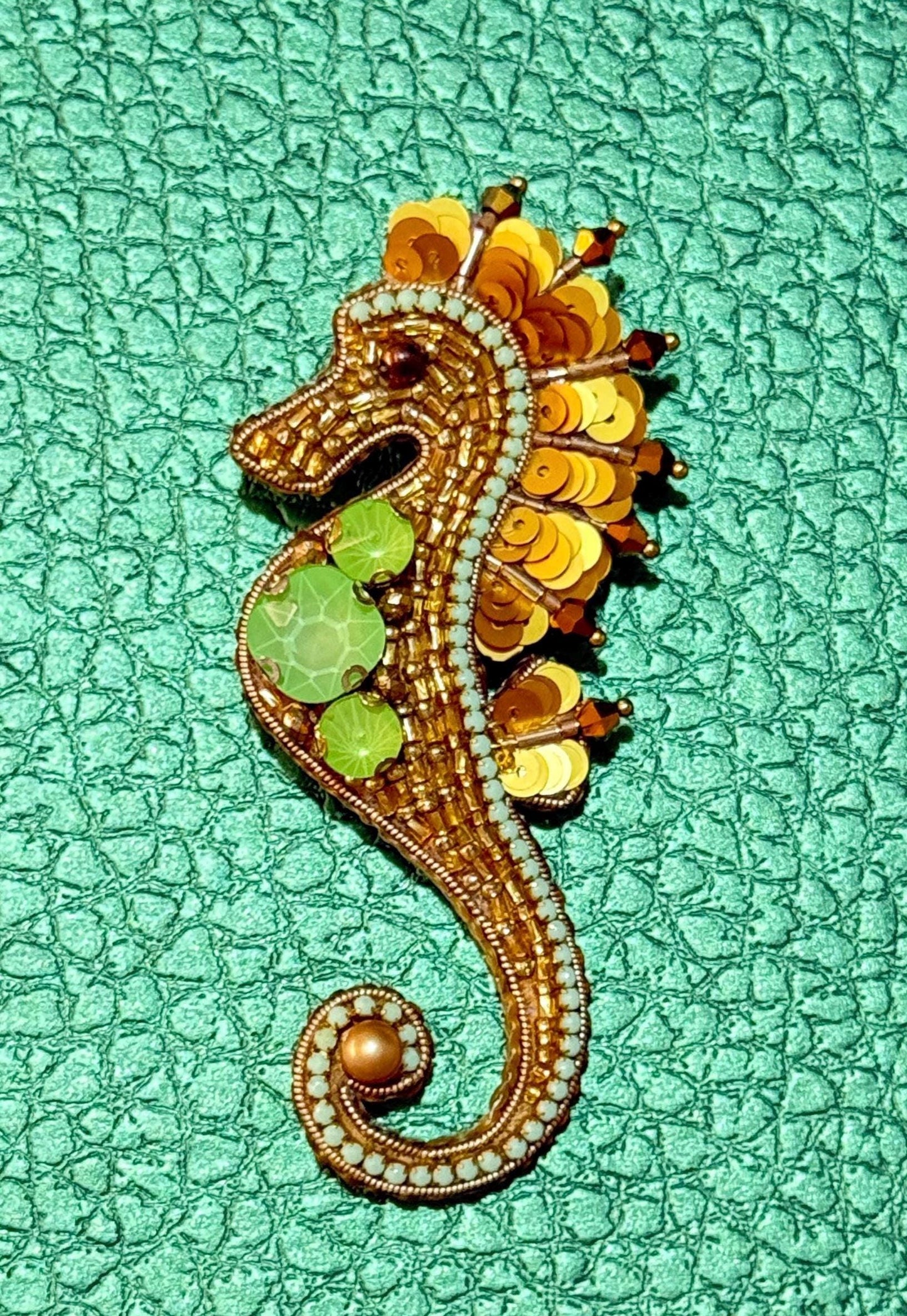 Handmade Gold Seahorse Brooch, Beaded Sea Life Jewelry