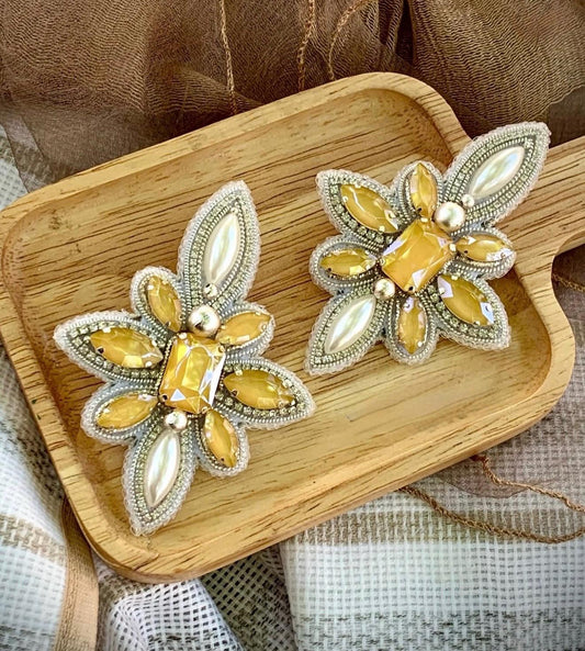 Handmade Beaded Flower Earrings, Yellow Gem Pearl Dangles