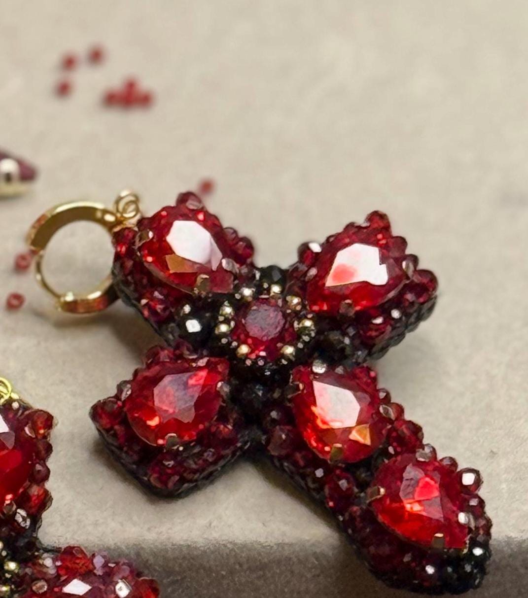 Handmade Red Crystal Cross Earrings: Gothic Religious Jewelry