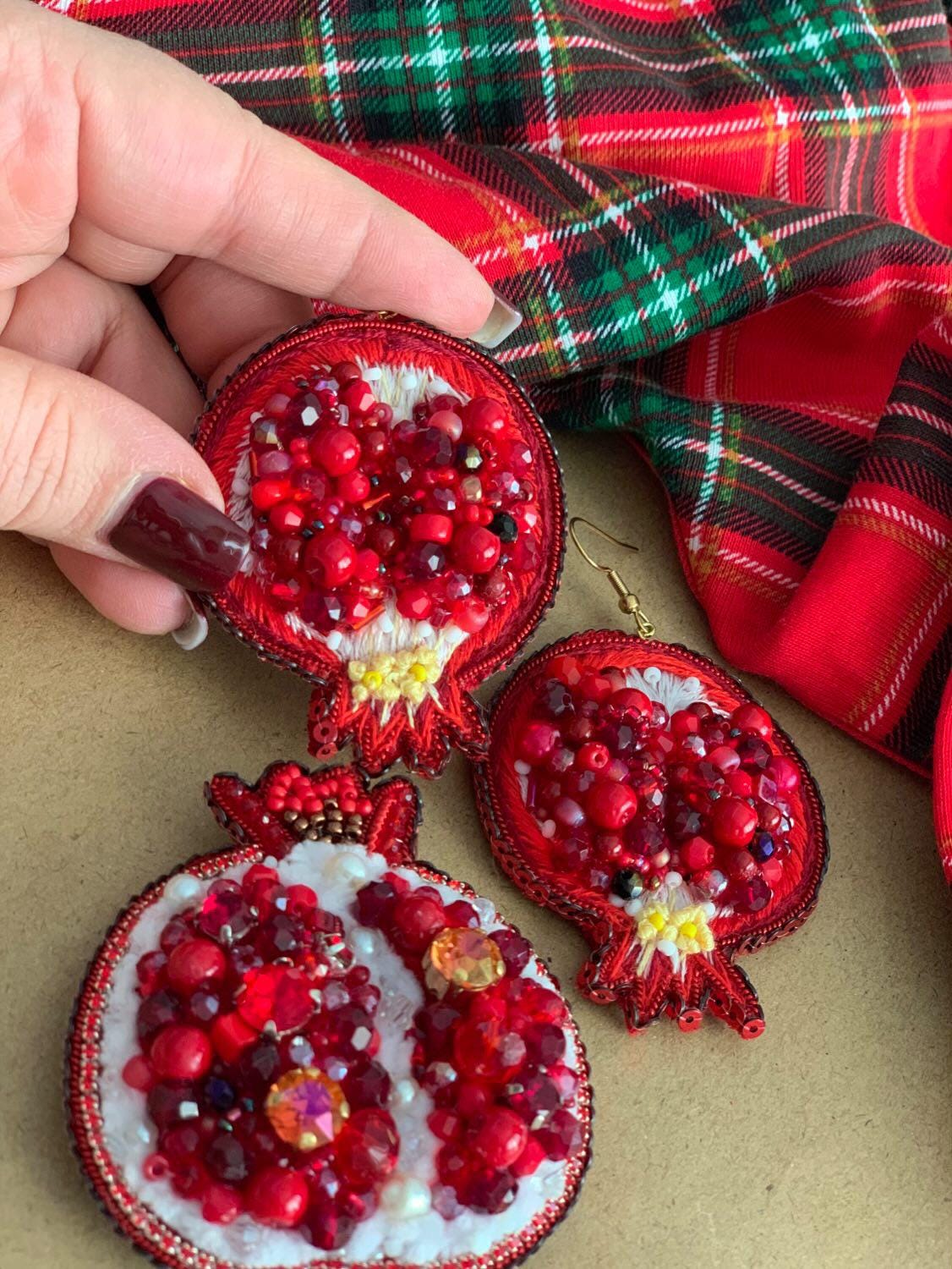 Handmade Beaded Pomegranate Earrings: Statement Fruit Jewelry