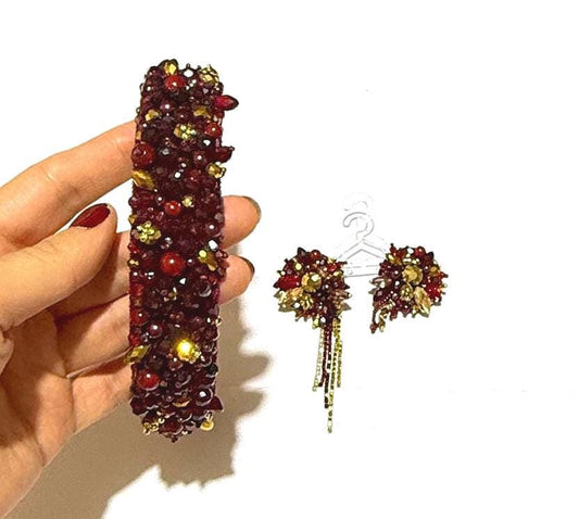 Handmade Red Crystal Headband and Earrings Set: Beaded Bridal Accessories