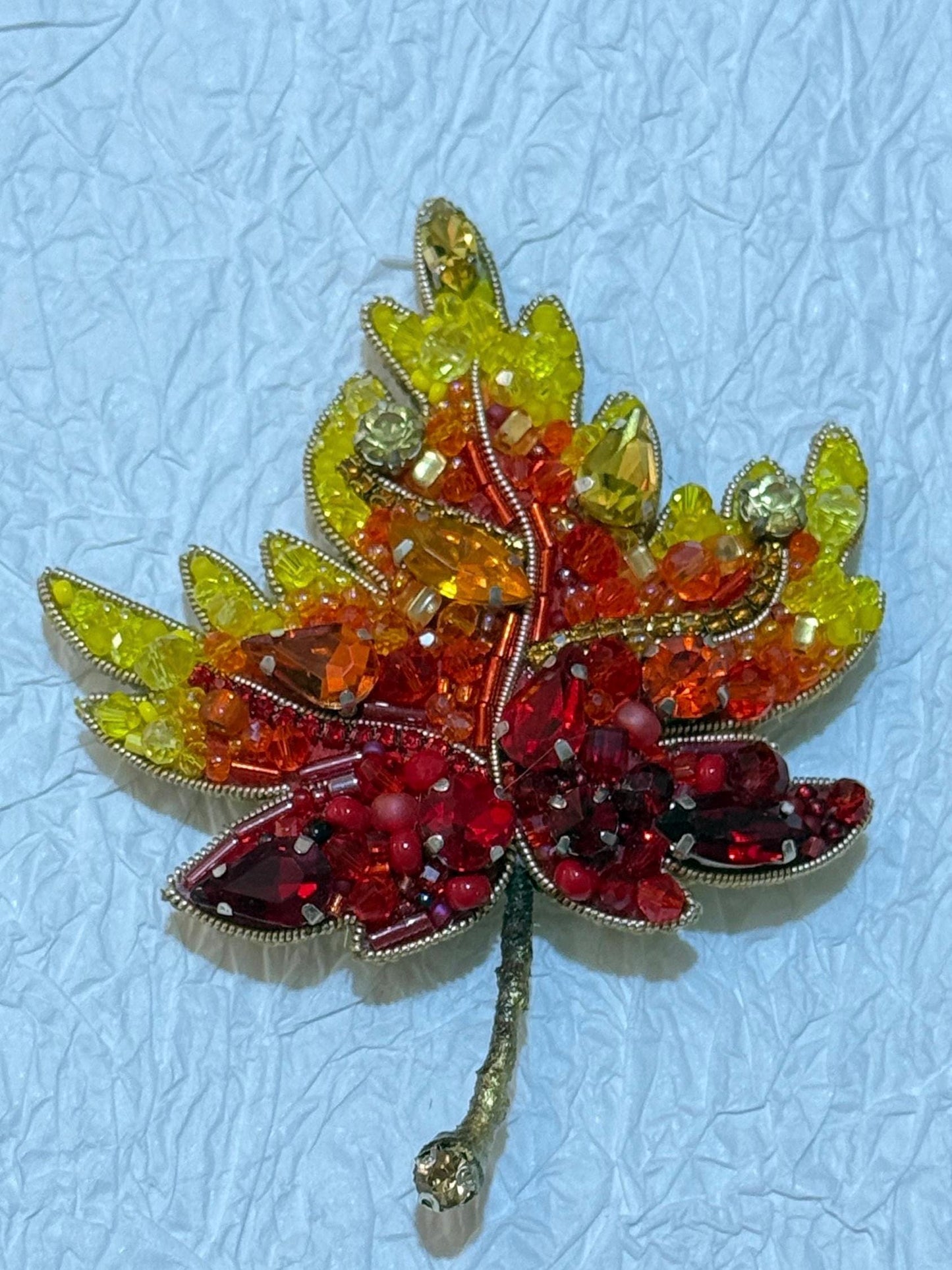 Handmade Beaded Autumn Leaf Brooch: Red, Orange, Yellow Fall Jewelry