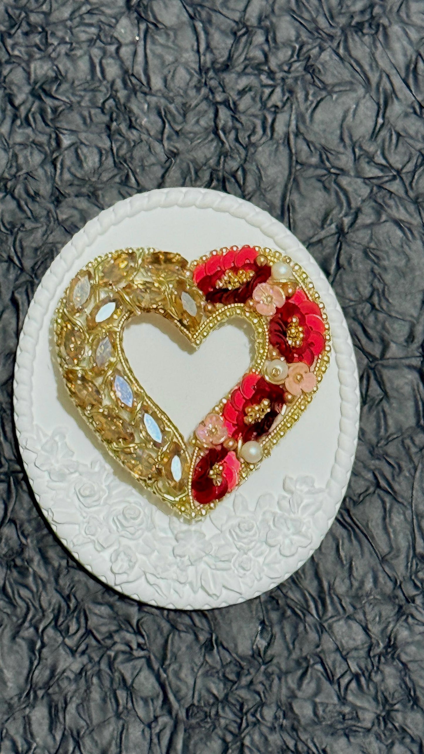 Handmade Beaded Heart Brooch: Gold & Red Valentine's Day Pin