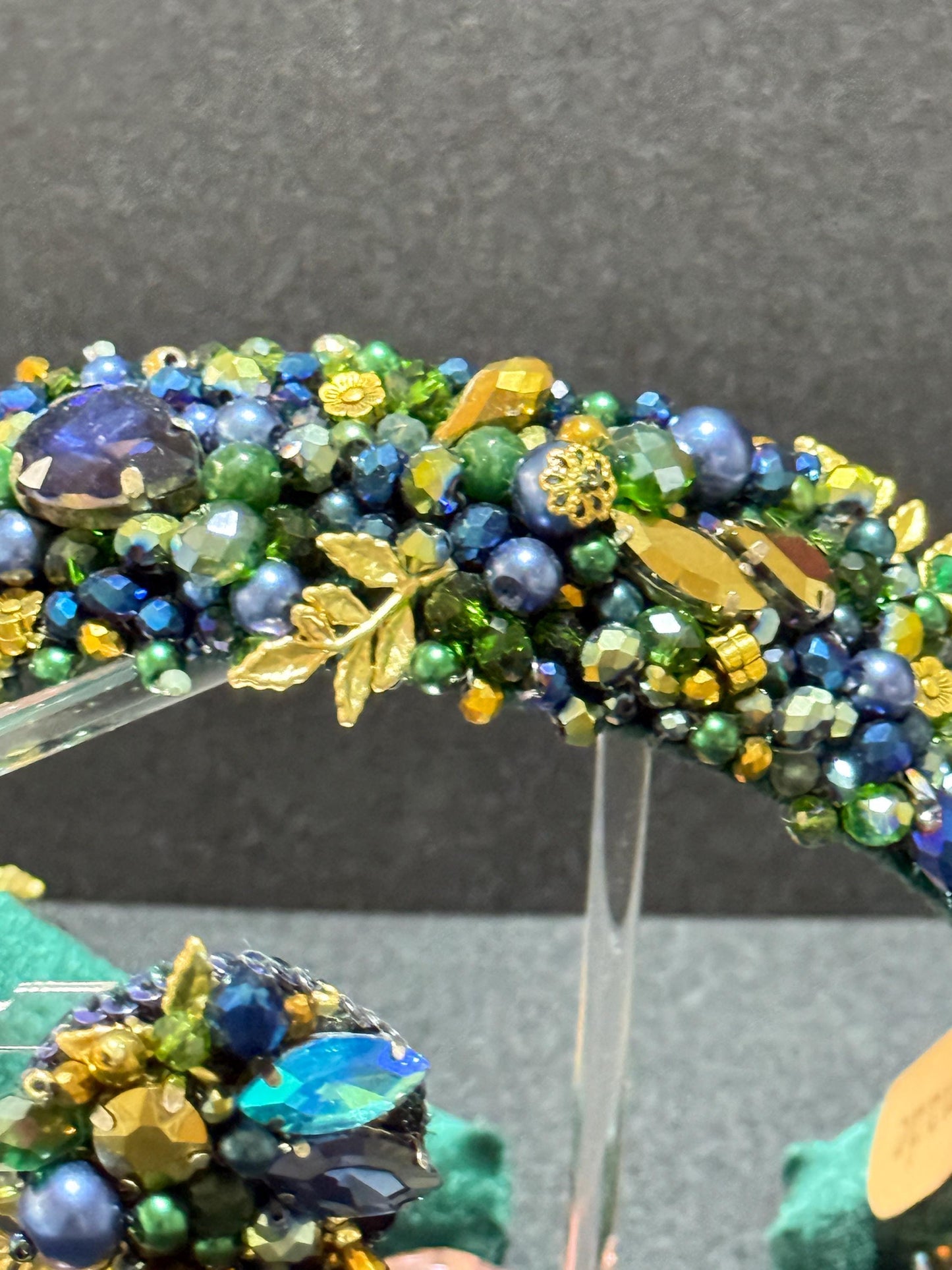 Handmade Green Beaded Headband and Crystal Earrings: Wedding Jewelry Set