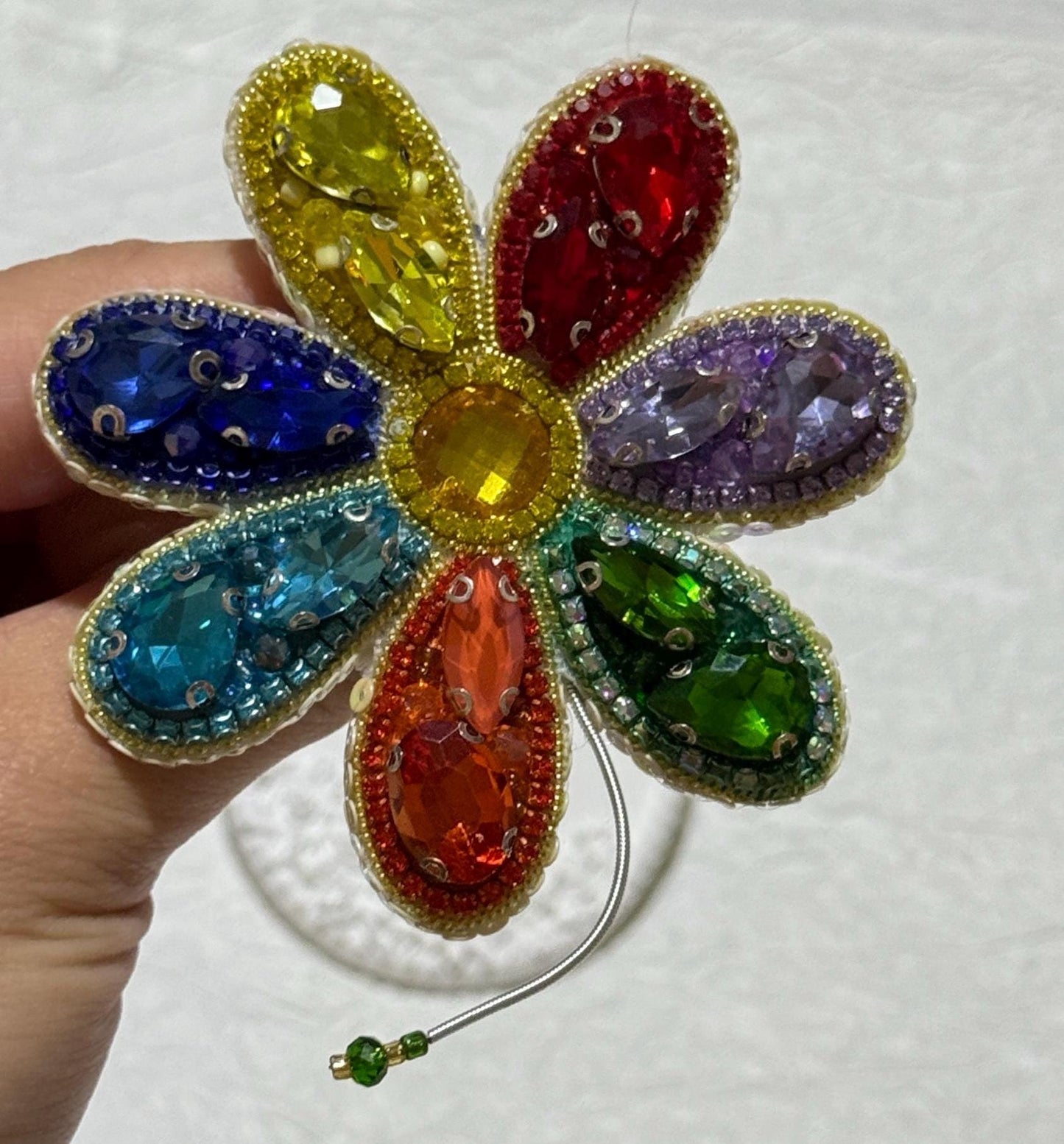 Handmade Rainbow Crystal Flower Brooch: Beaded Pride Pin