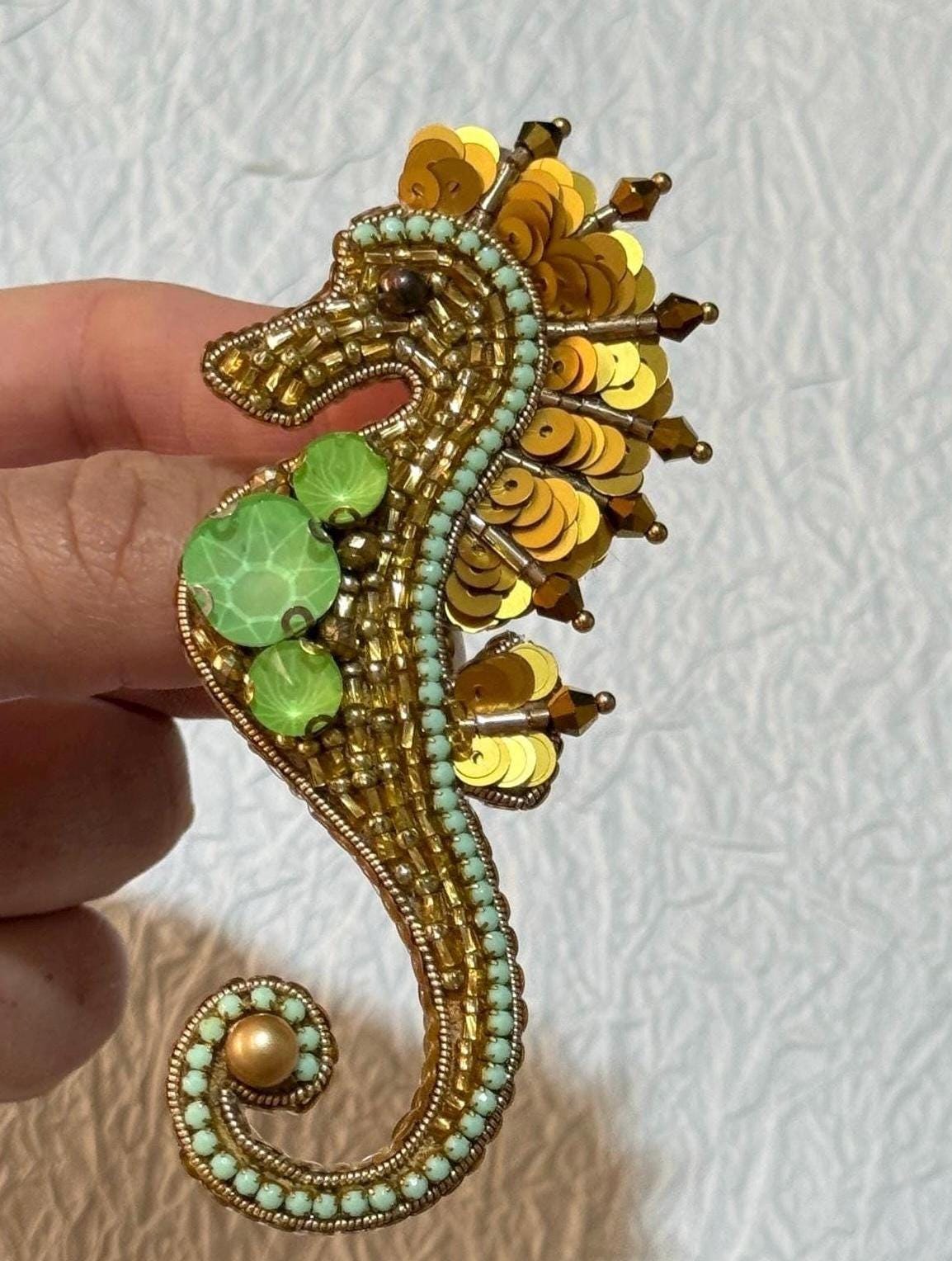 Handmade Gold Seahorse Brooch, Beaded Sea Life Jewelry