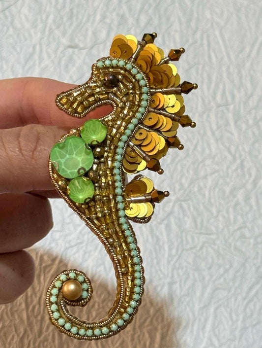 Handmade Gold Seahorse Brooch, Beaded Sea Life Jewelry