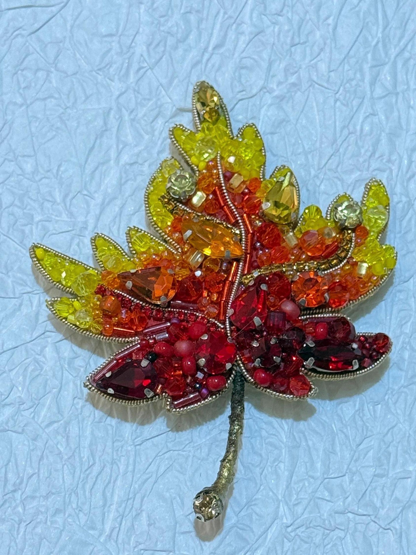 Handmade Beaded Autumn Leaf Brooch: Red, Orange, Yellow Fall Jewelry