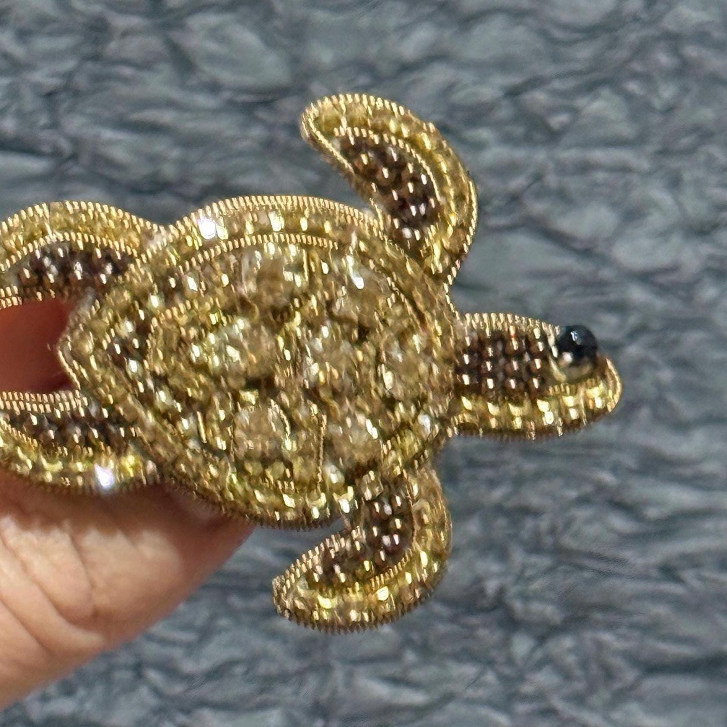 Handmade Beaded Turtle Brooch: Gold Sequins & Crystals