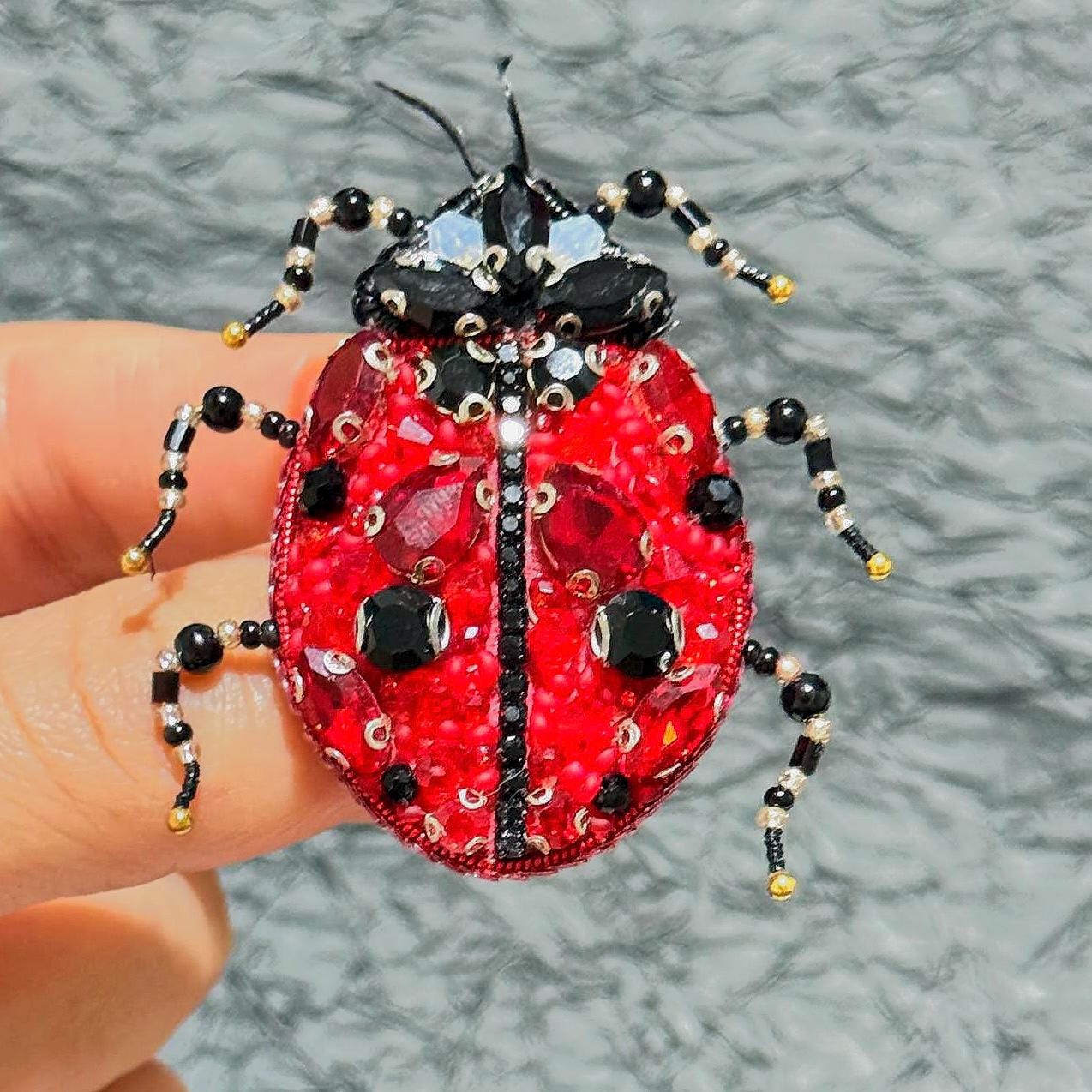 Handmade Ladybug Brooch: Beaded Red Crystal Insect Pin