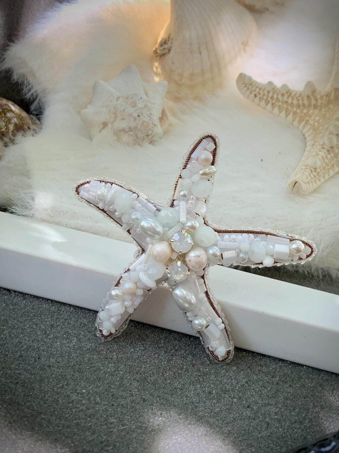 Handmade Beaded Starfish Brooch: Pearl & Crystal Coastal Pin