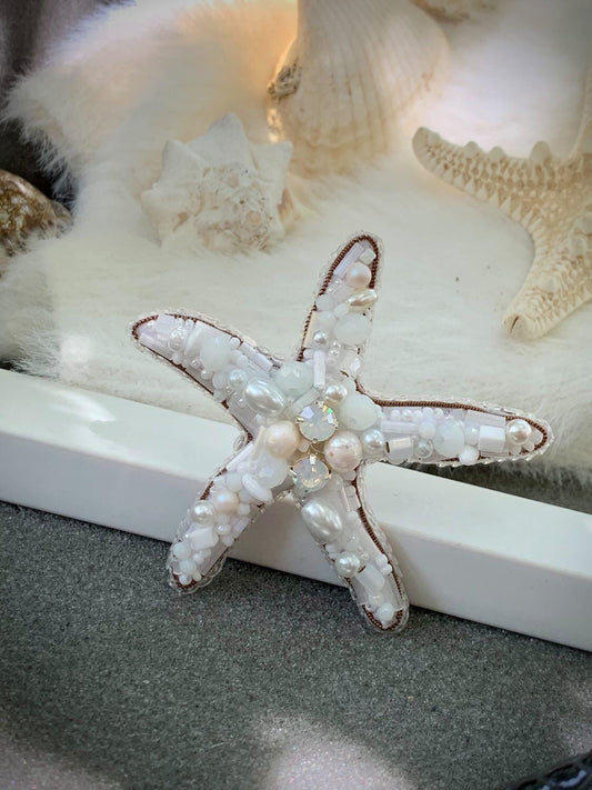 Handmade Beaded Starfish Brooch: Pearl & Crystal Coastal Pin