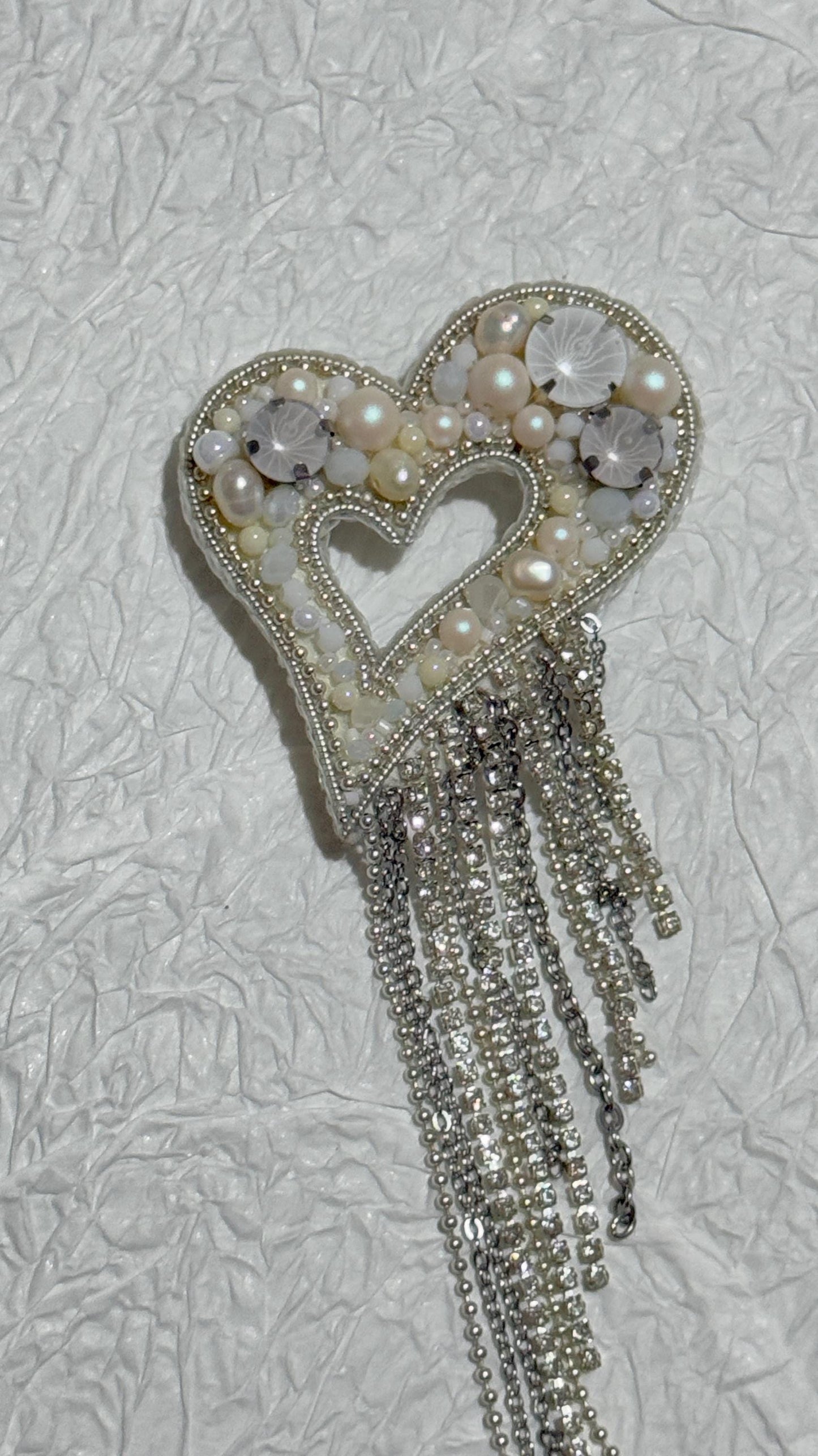 Handmade Pearl Heart Brooch: Beaded Rhinestone Dangling Chains