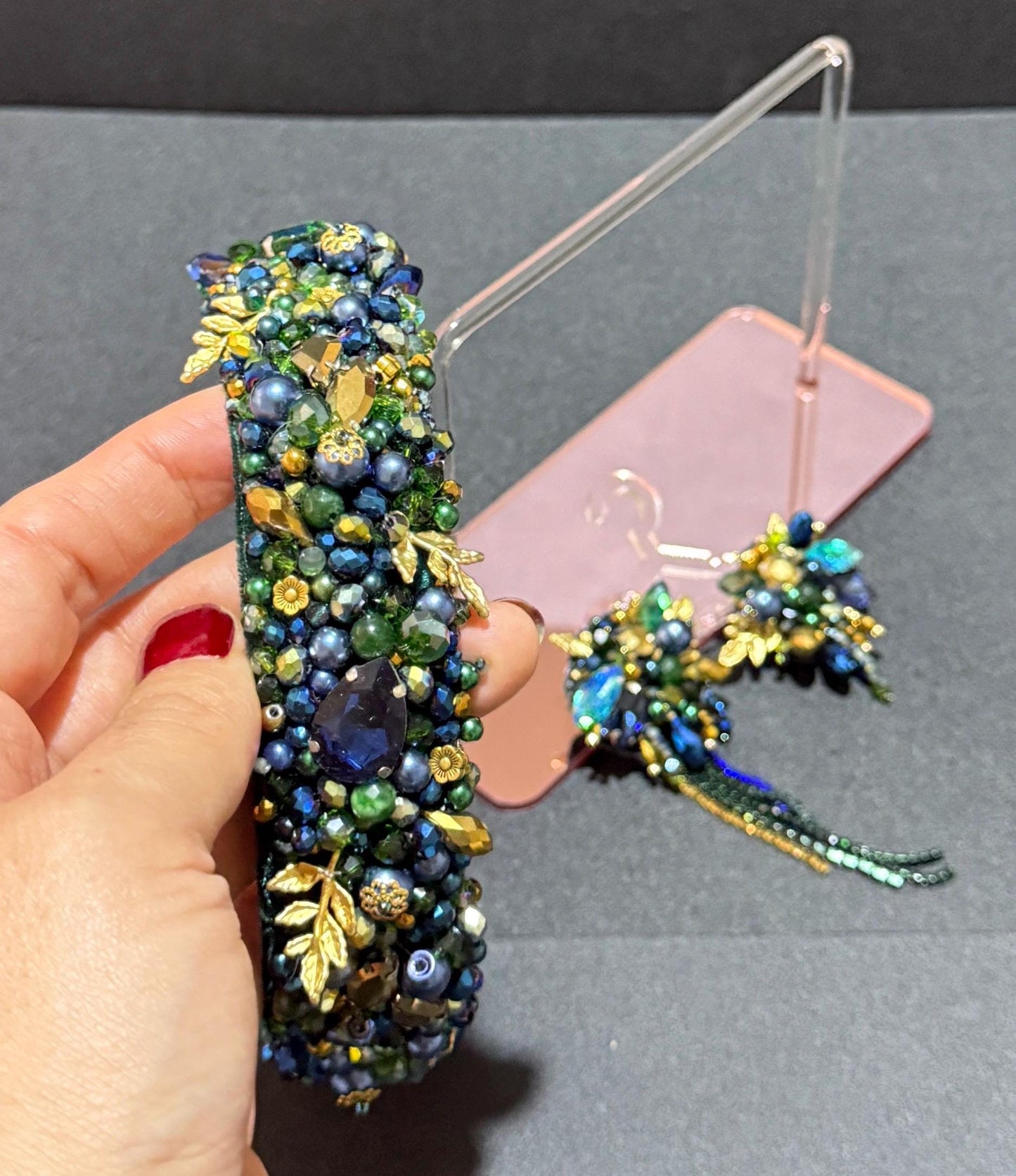 Handmade Green Beaded Headband and Crystal Earrings: Wedding Jewelry Set