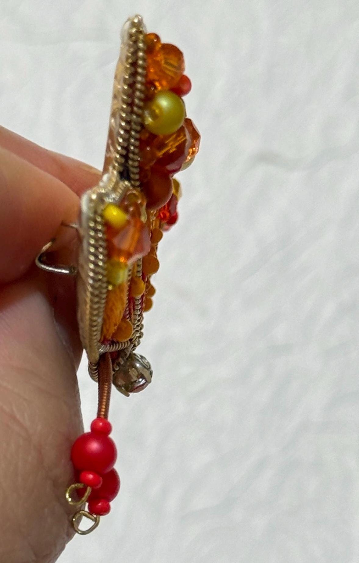 Handmade Beaded Butterfly Brooch: Embroidered Orange & Gold Pin