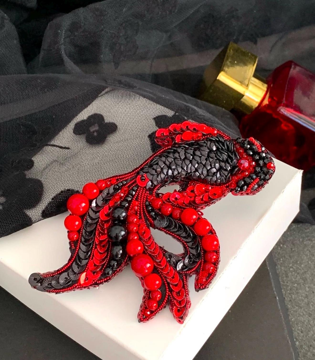 Handmade Beaded Koi Fish Brooch: Embroidered Red & Black Pin