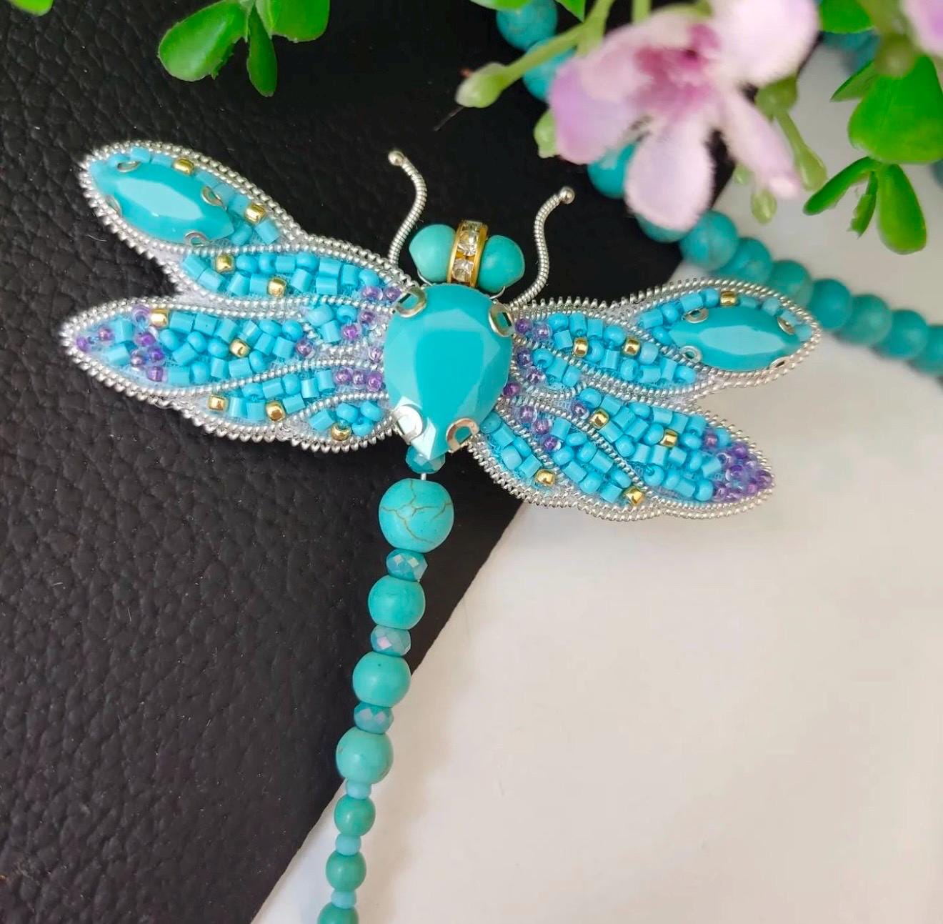 Handmade Turquoise Dragonfly Brooch: Beaded Crystal Statement Pin