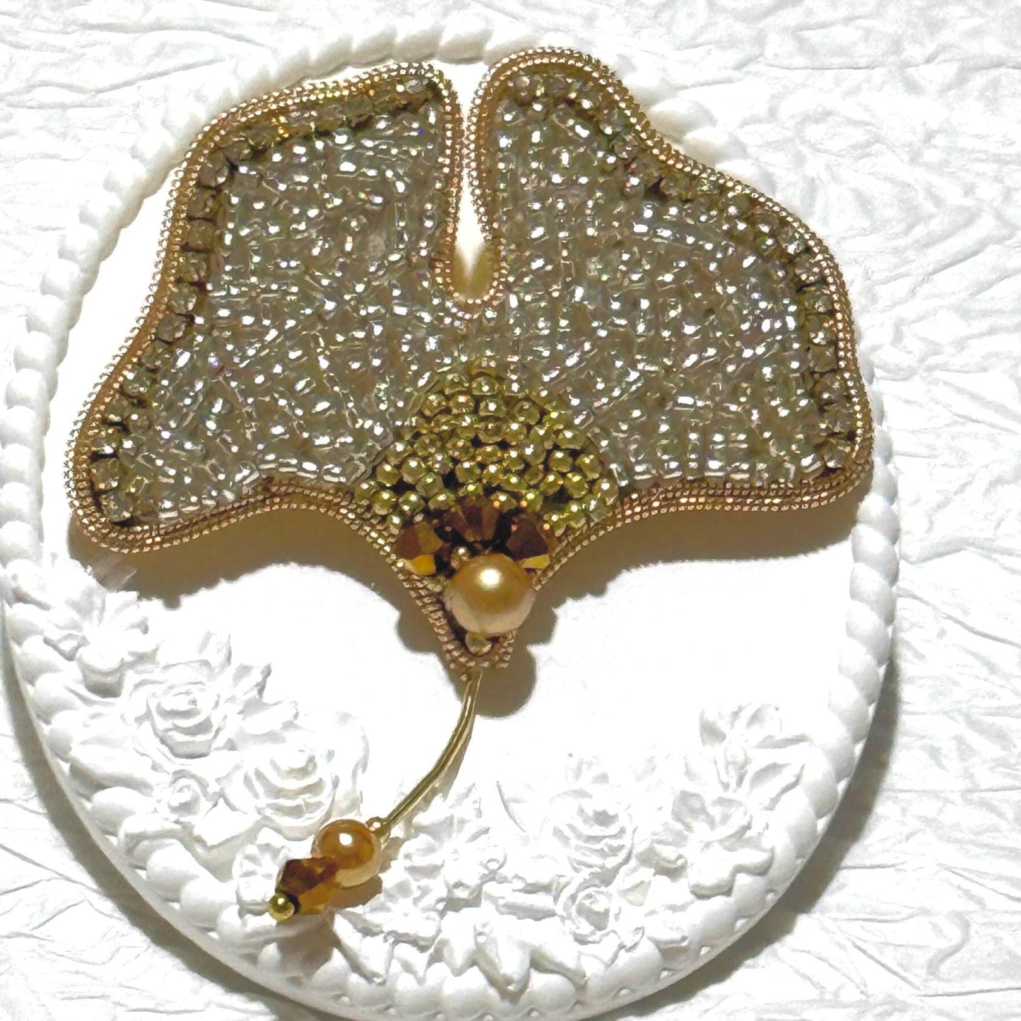 Ginkgo Leaf Beaded Brooch – Handcrafted Statement Pin