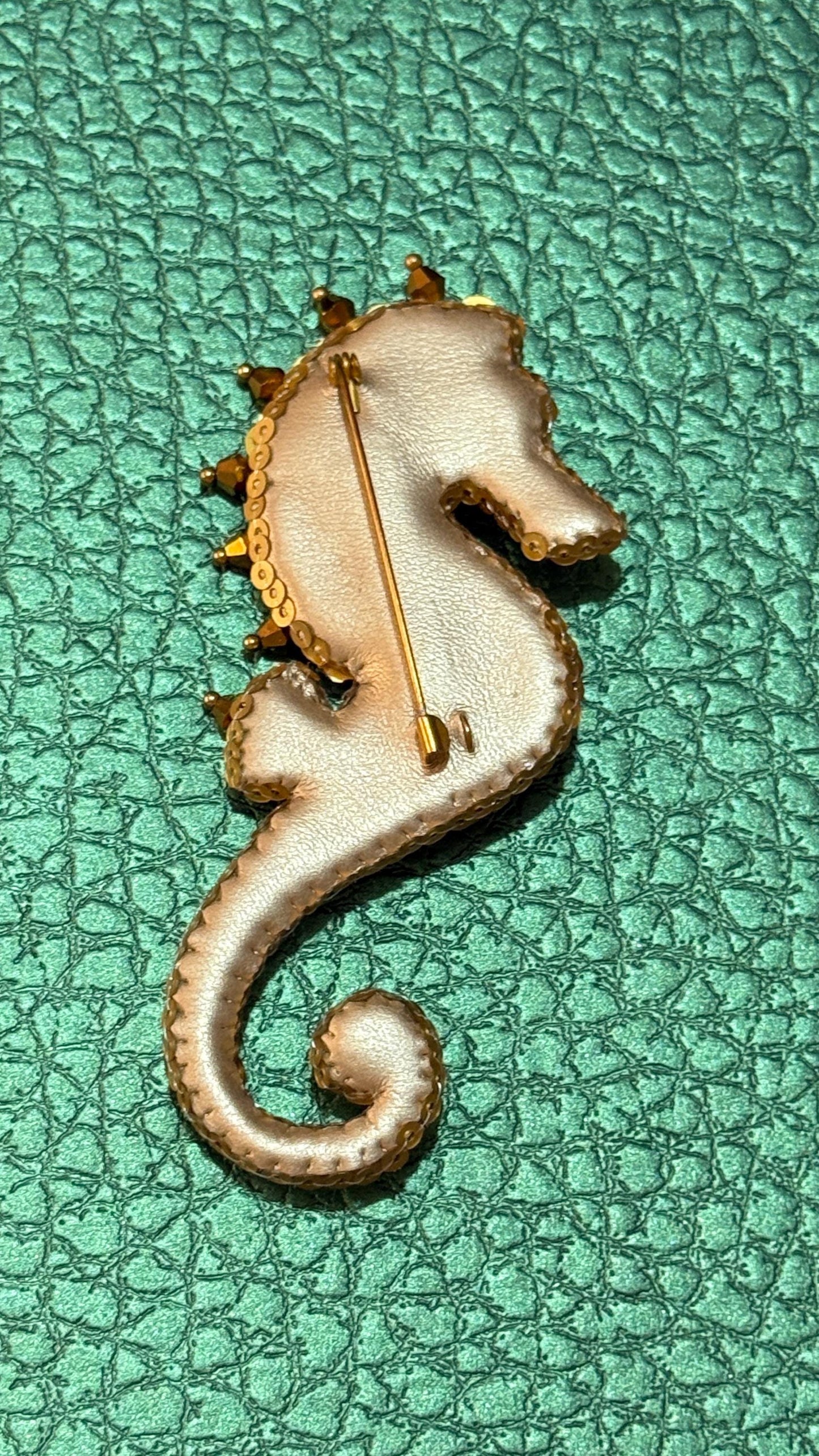 Handmade Gold Seahorse Brooch, Beaded Sea Life Jewelry
