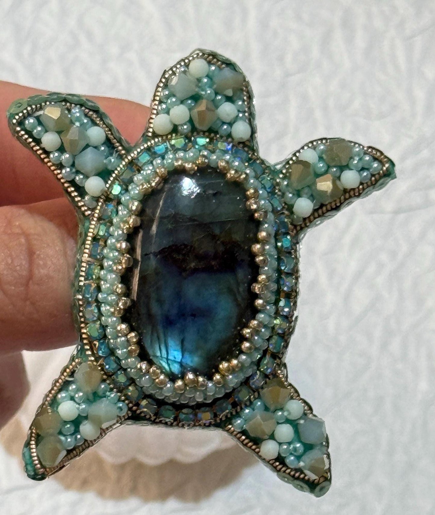 Handmade Beaded Turtle Brooch with Labradorite Stone | Ocean-Inspired Jewelry Gift | Unique Nature-Inspired Accessories