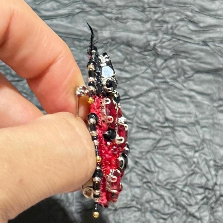 Handmade Ladybug Brooch: Beaded Red Crystal Insect Pin