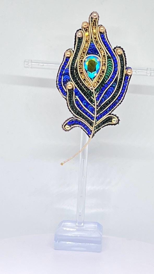 Peacock Feather Brooch Handmade Beaded Elegant Jewelry