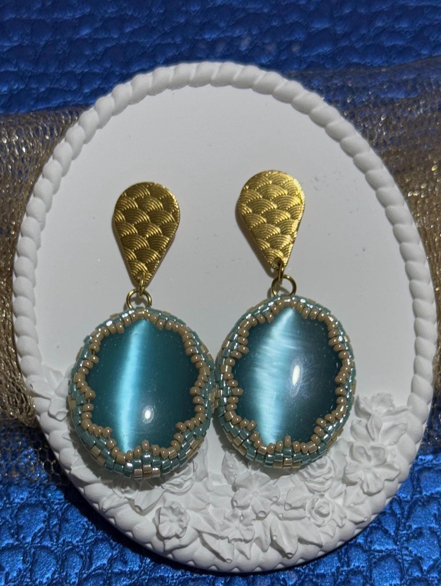 Gold-Plated Blue Cat Eye Earrings | Handcrafted Beaded Jewelry