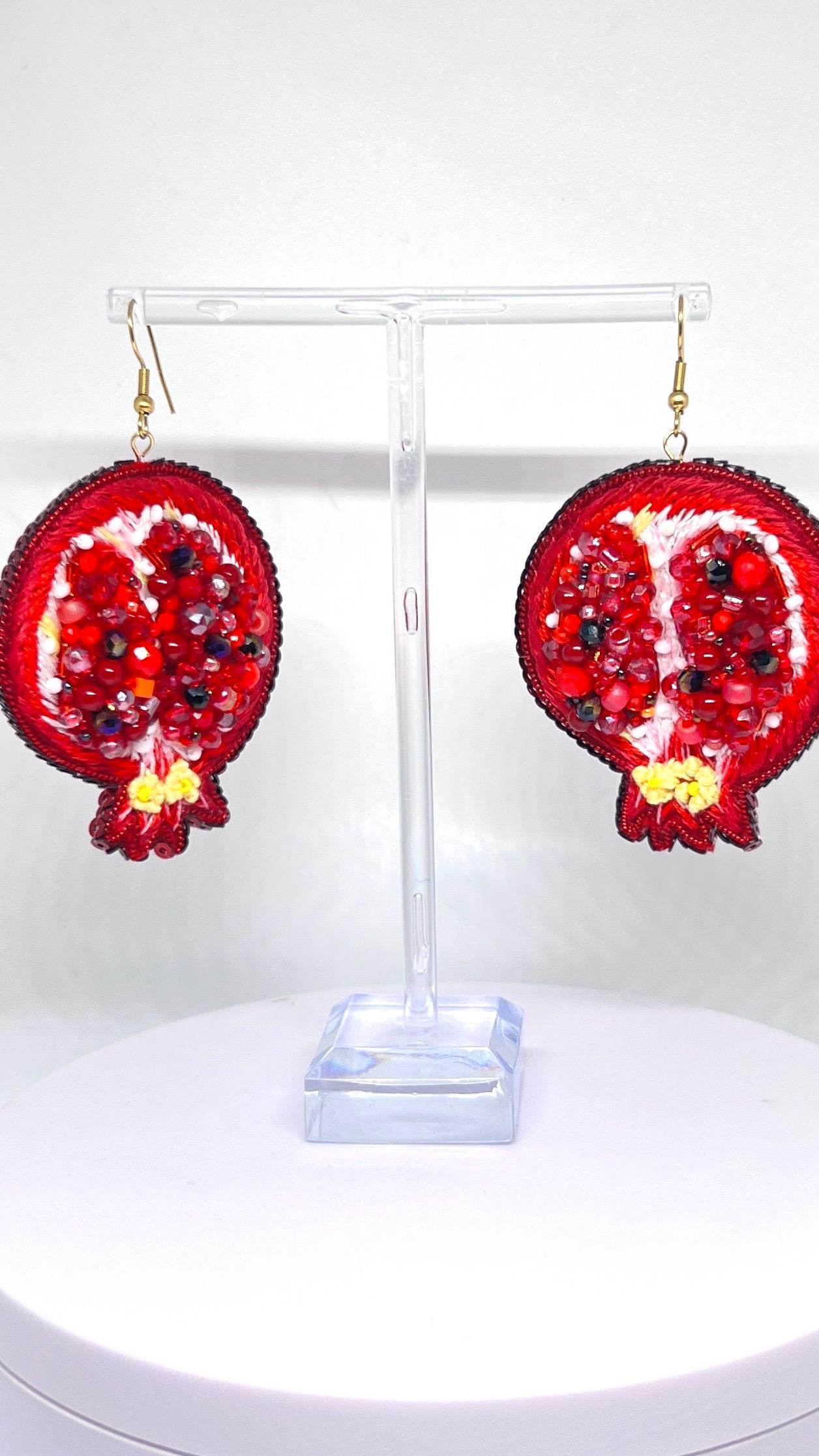 Handmade Beaded Pomegranate Earrings: Statement Fruit Jewelry