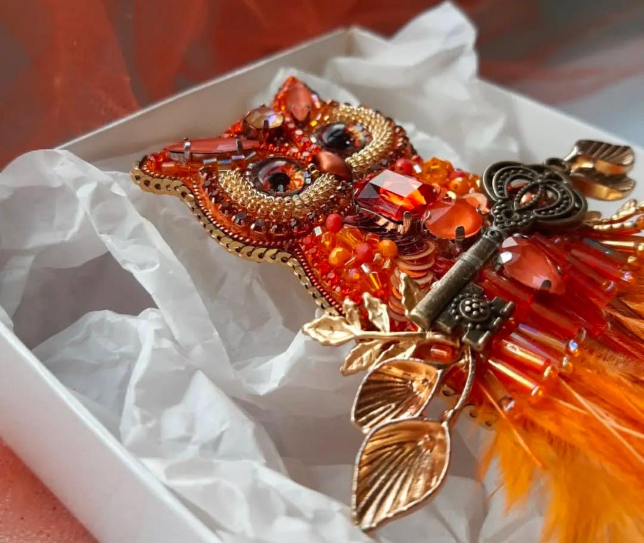 Handcrafted Beaded Owl Brooch: Orange Feathers, Embroidered Key Pin