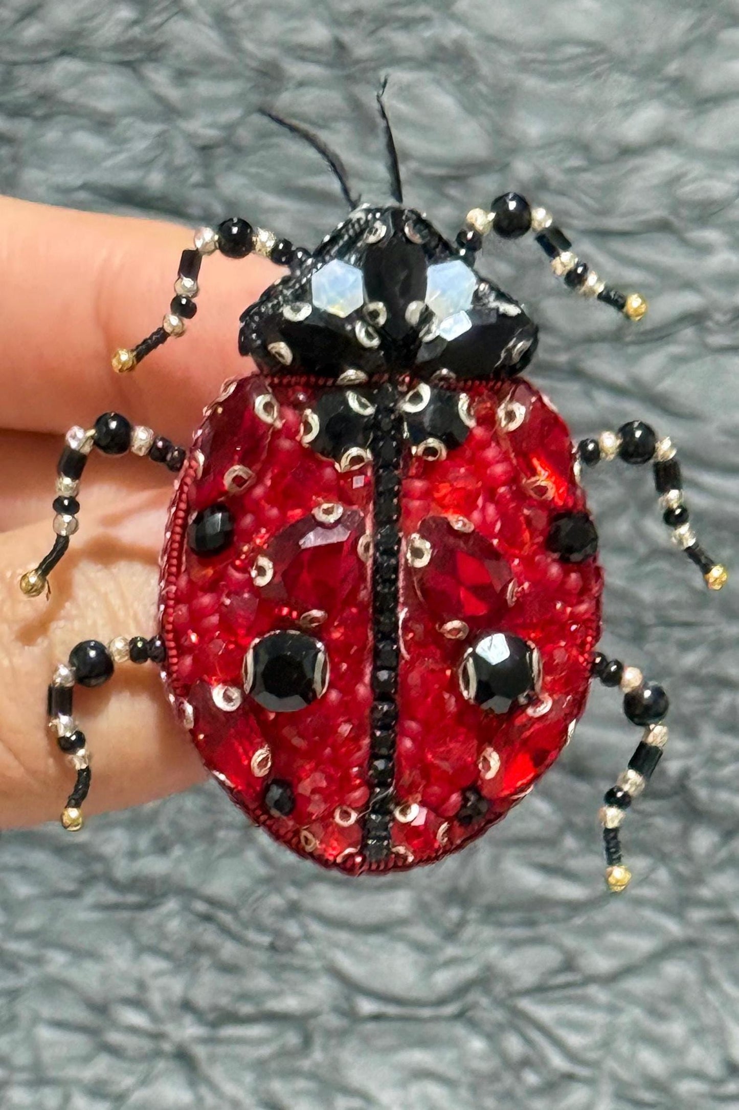 Handmade Ladybug Brooch: Beaded Red Crystal Insect Pin