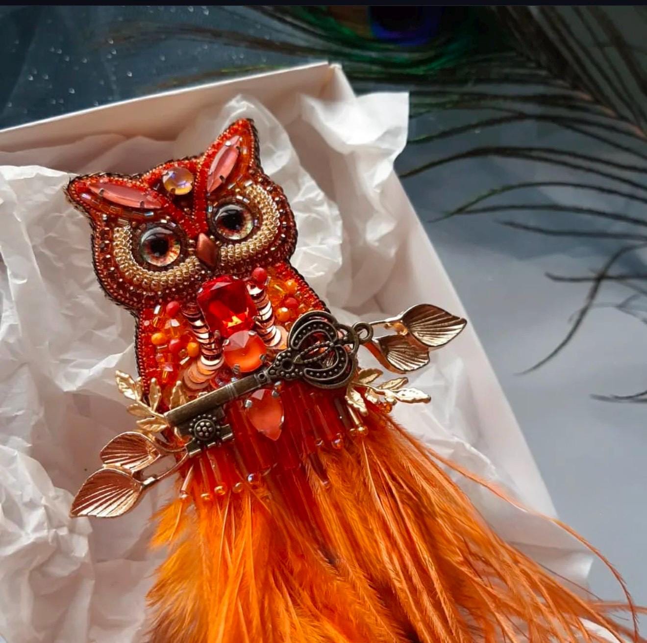 Handcrafted Beaded Owl Brooch: Orange Feathers, Embroidered Key Pin