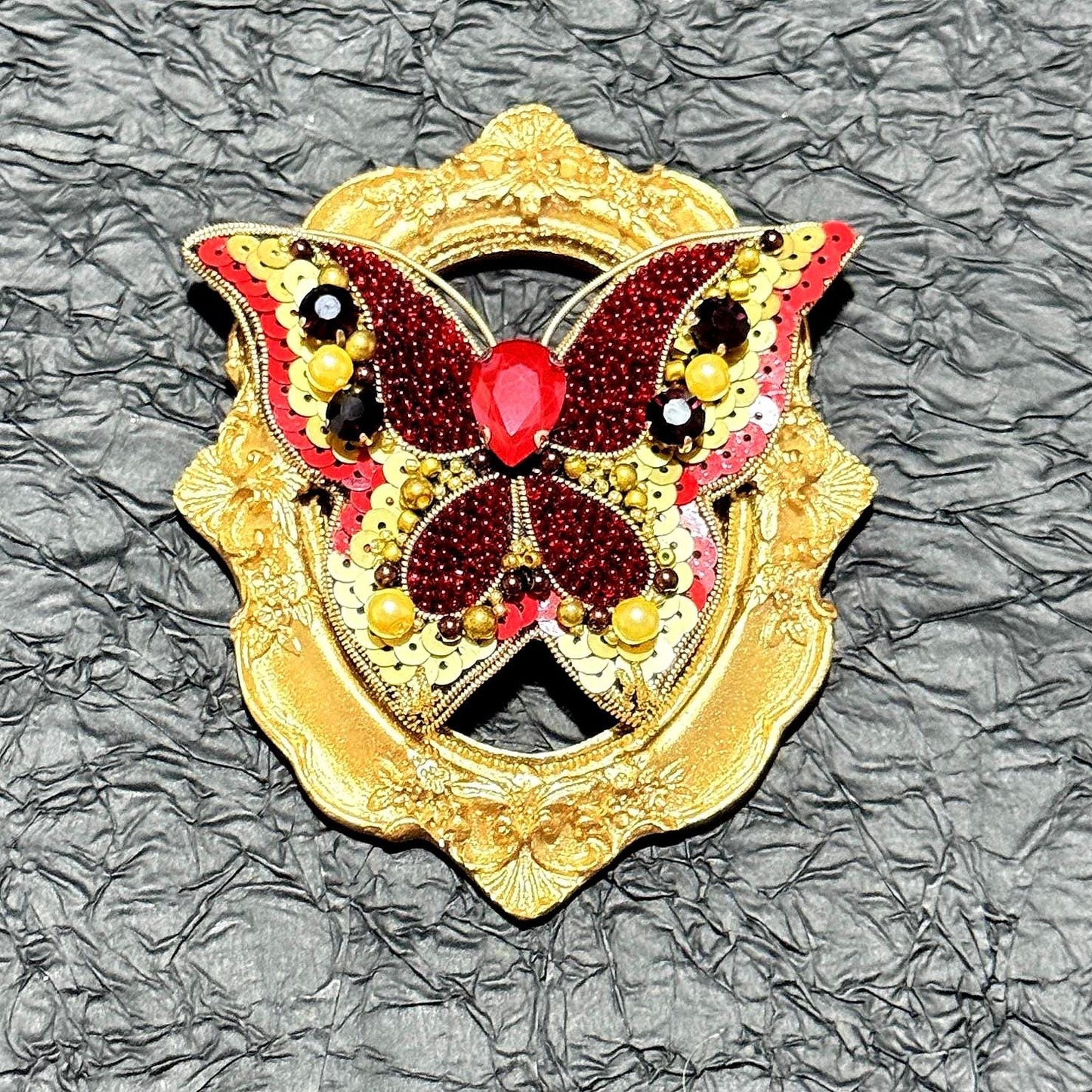 Handmade Red Butterfly Brooch: Beaded Pearl & Crystal Statement Pin