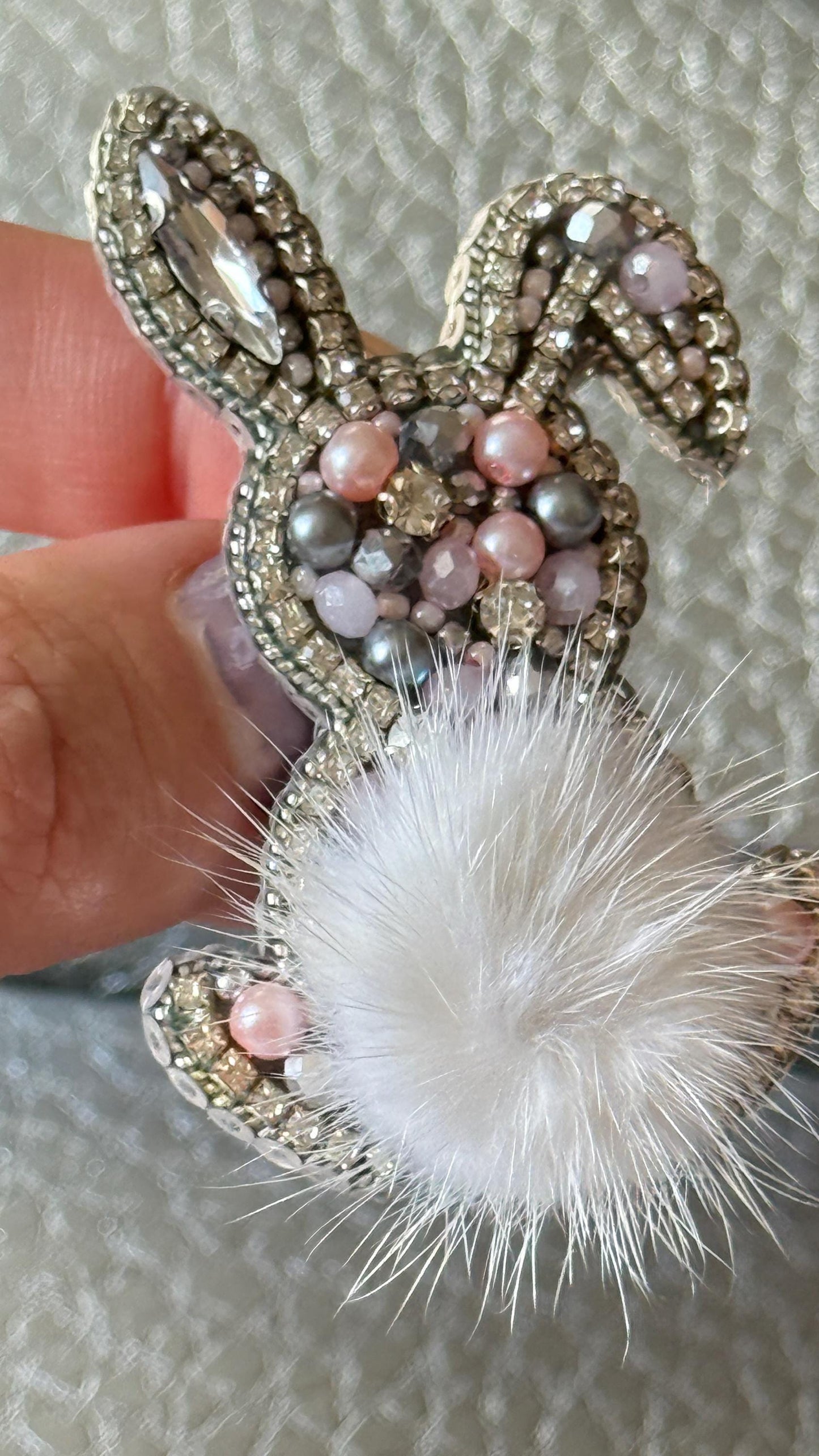 Handmade Beaded Bunny Brooch: Faux Fur Tail, Easter Pin