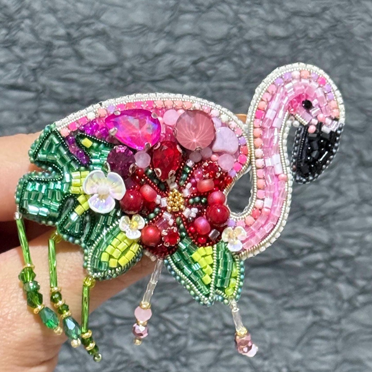 Handmade Beaded Flamingo Brooch: Pink Bird Pin, Tropical Jewelry