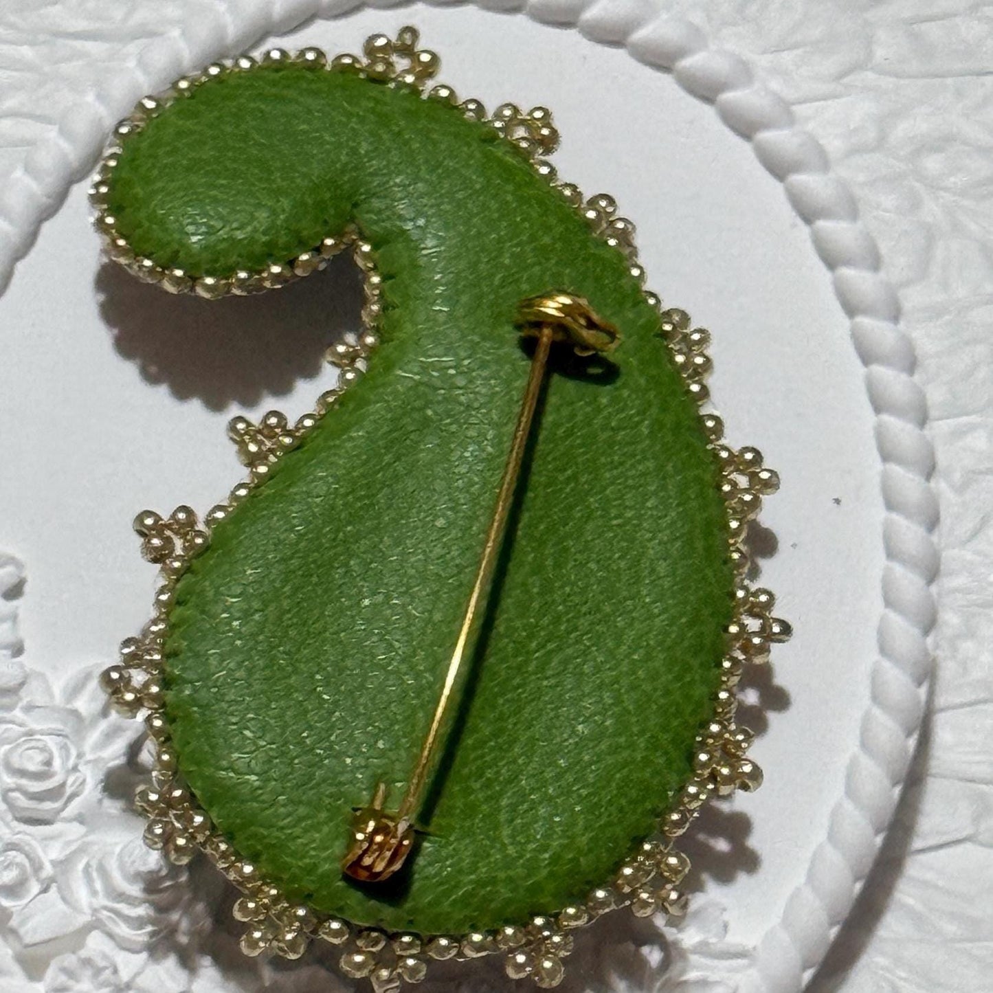 Handmade Green Paisley Brooch: Beaded Embroidery Statement Pin