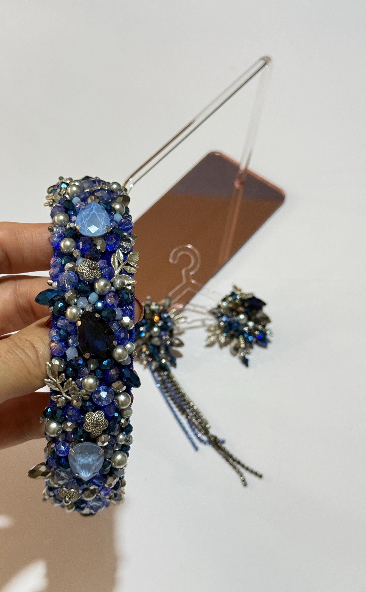 Handmade Blue Beaded Headband with Crystal Dangle Earrings