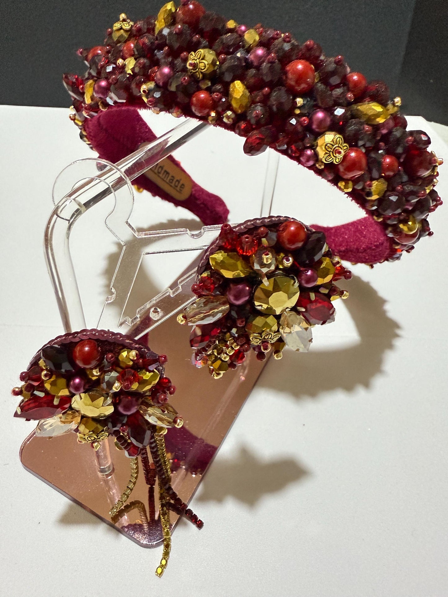 Handmade Red Crystal Headband and Earrings Set: Beaded Bridal Accessories