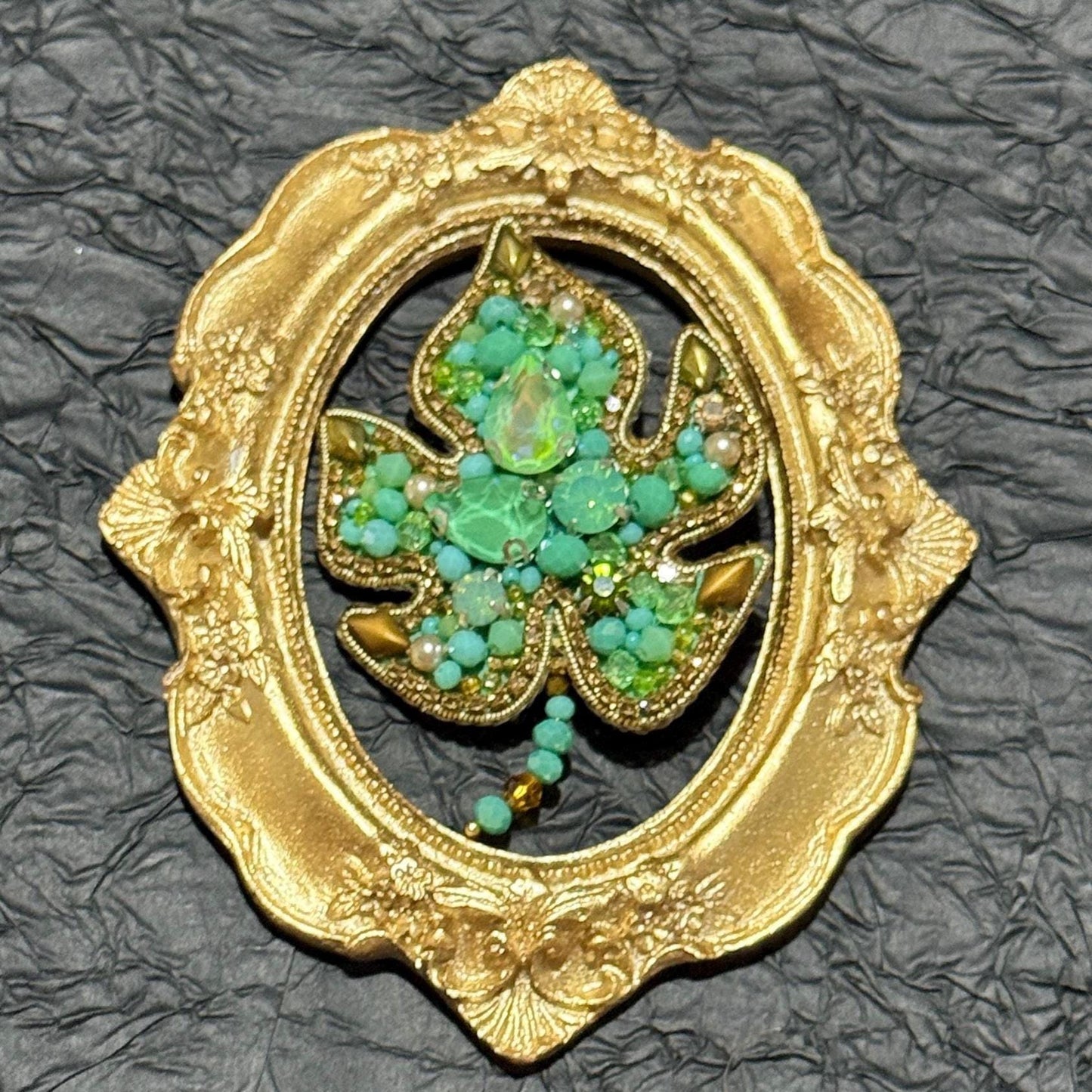 Handmade Green Crystal Leaf Brooch: Beaded Nature Jewelry