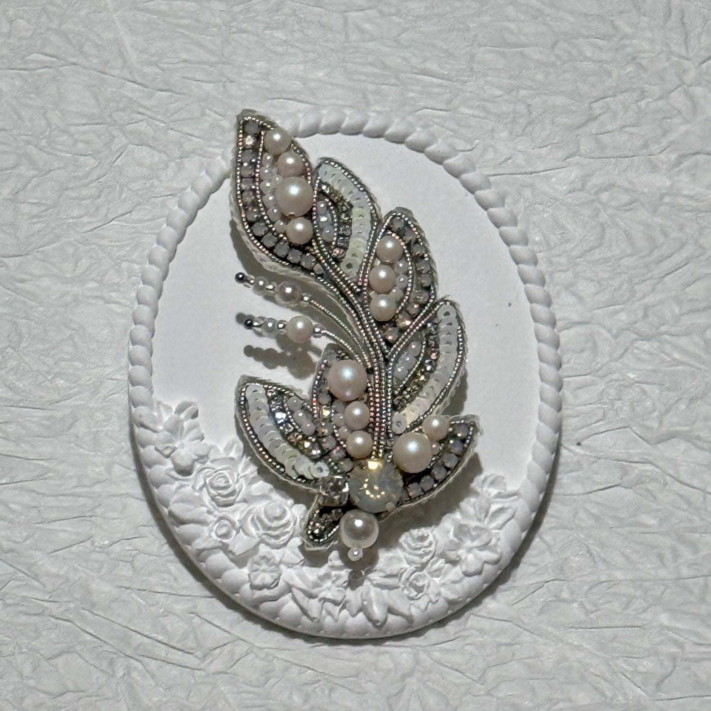 Handmade Beaded Feather Brooch: Pearl & Crystal Wedding Pin