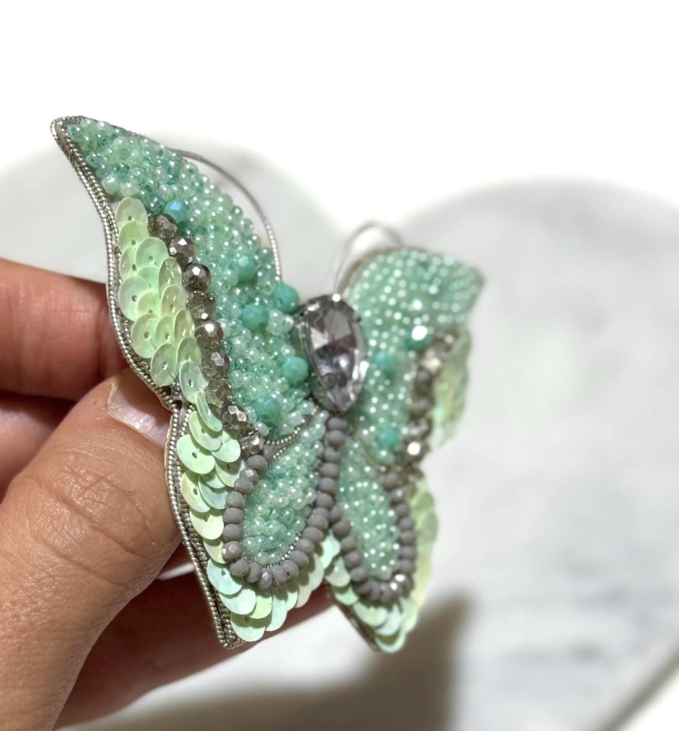 Handmade Mint Green Butterfly Brooch: Beaded Crystal Pin