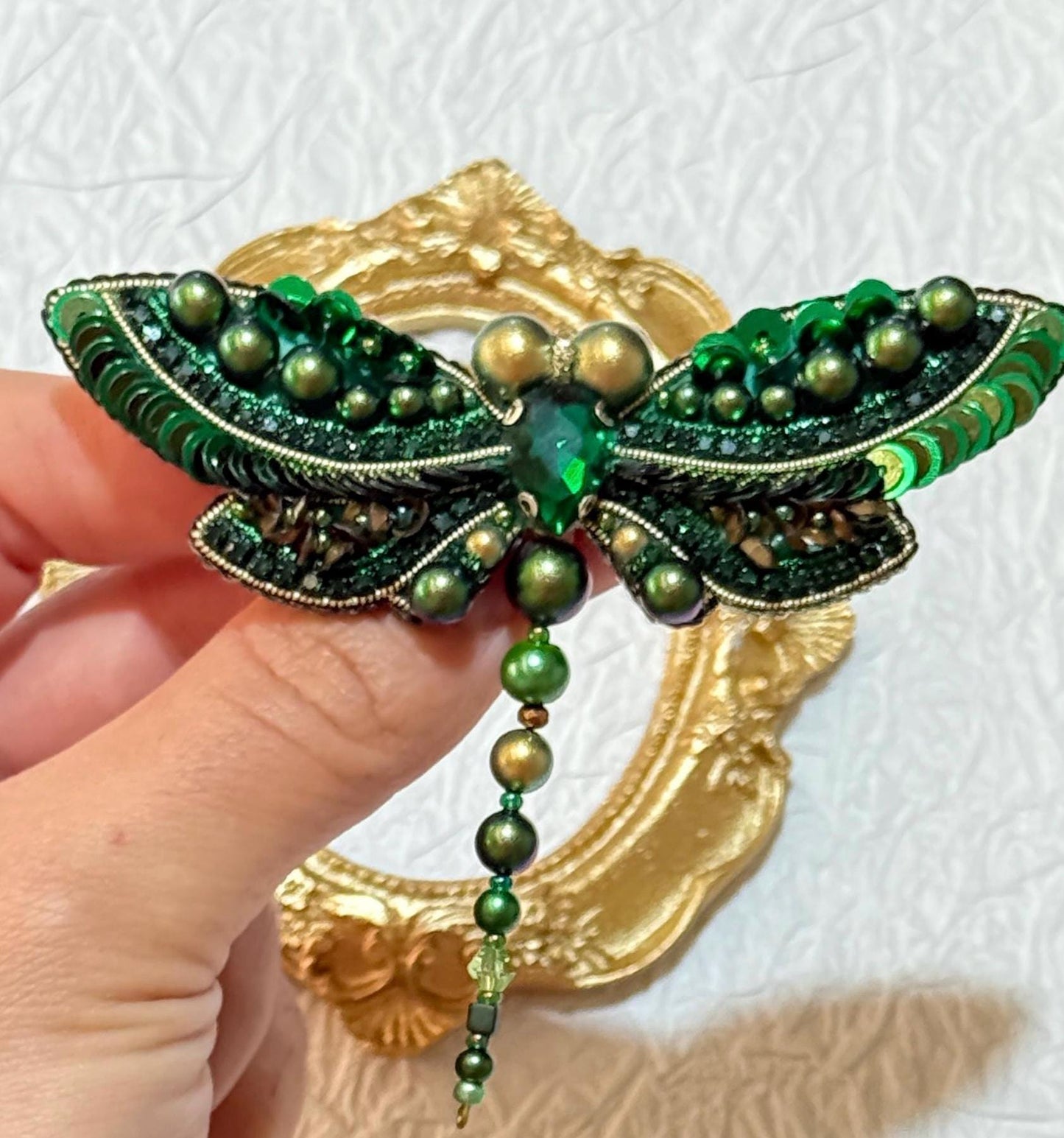 Handmade Green Dragonfly Brooch: Beaded Crystal Insect Pin