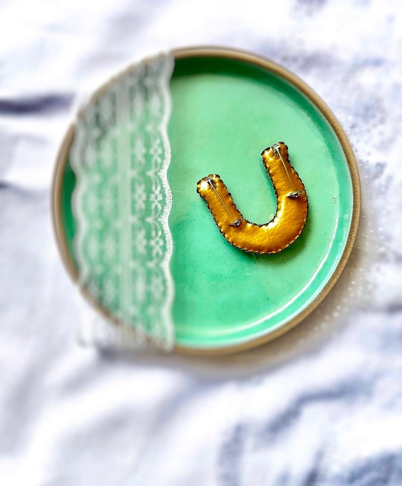 Handmade Beaded Horseshoe Brooch: Gold Crystal Lucky Charm Pin