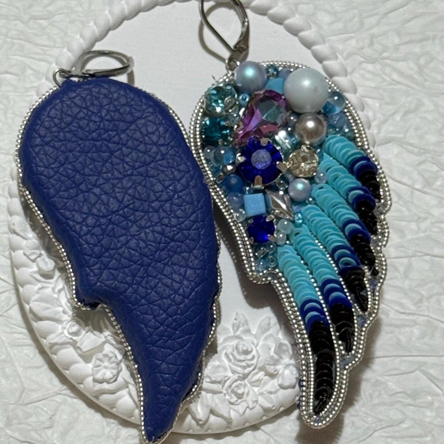 Handmade Beaded Angel Wing Earrings: Blue Crystal Statement Jewelry