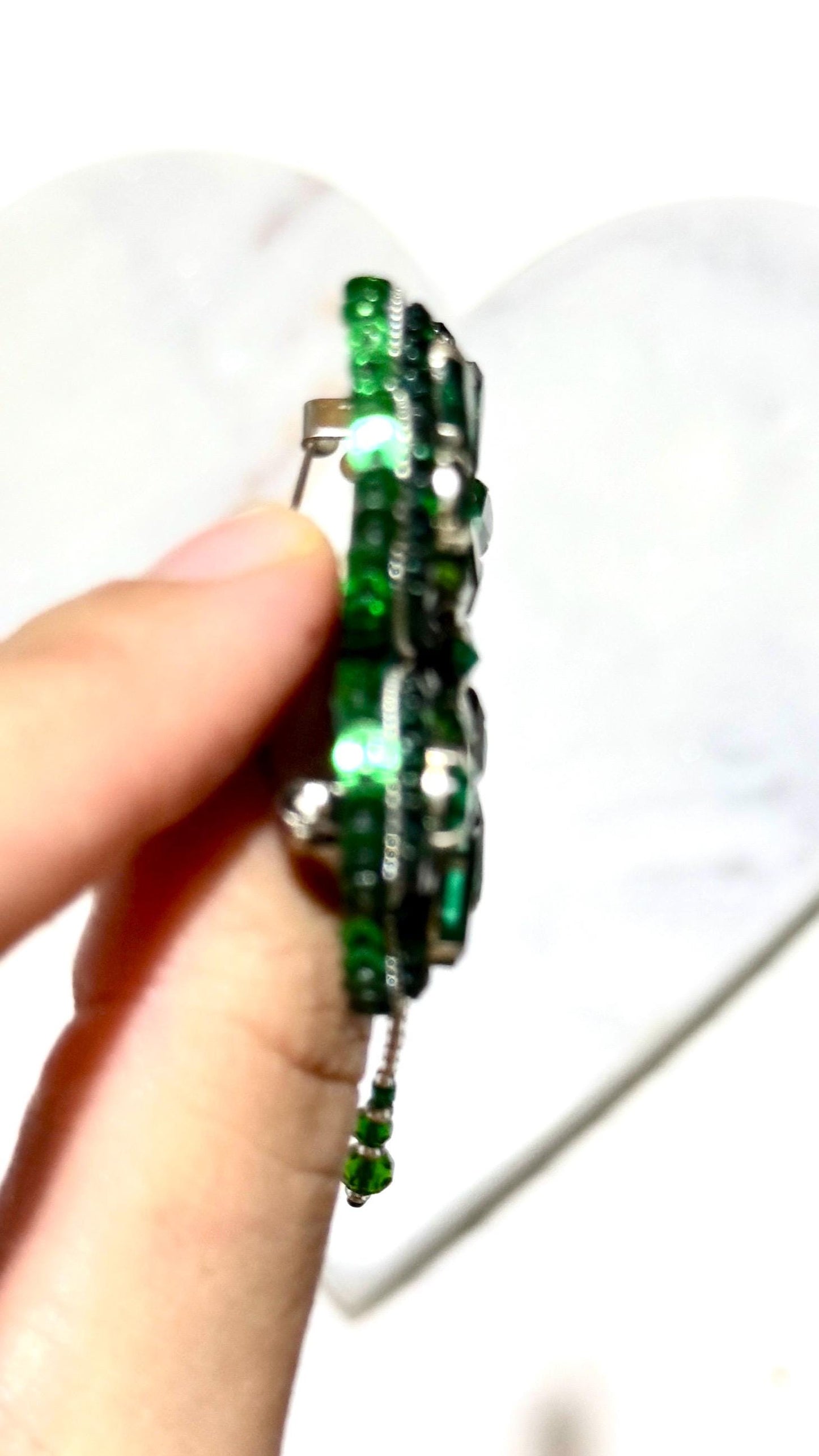 Handmade Green Crystal Clover Brooch: Lucky Beaded Pin