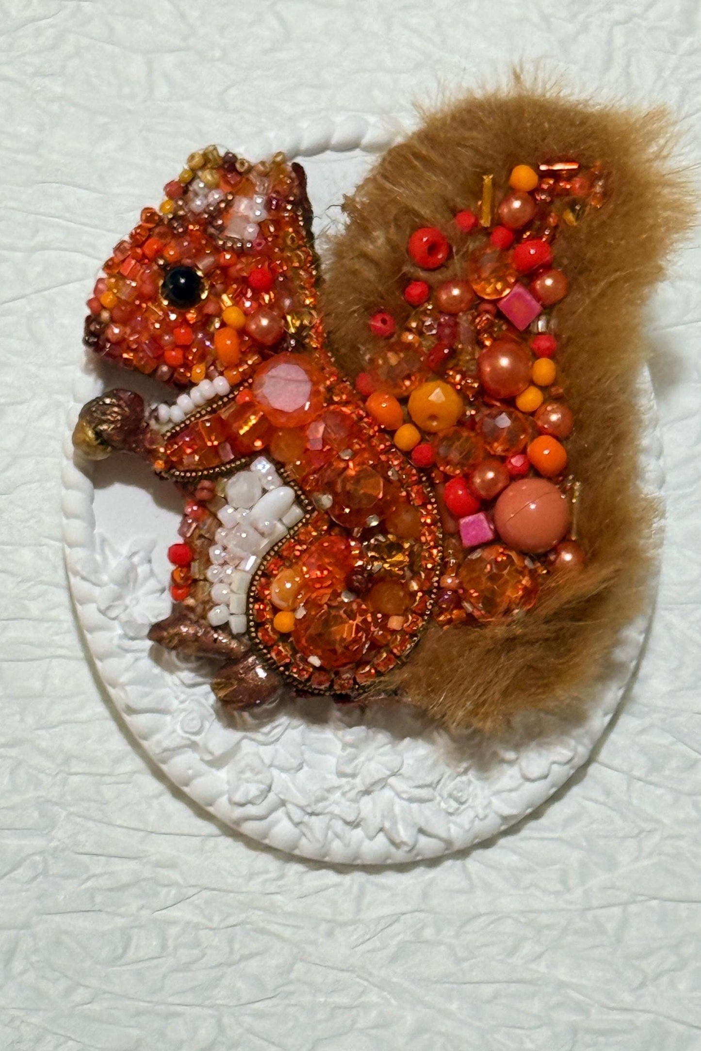 Handmade Beaded Squirrel Brooch: Faux Fur Woodland Pin