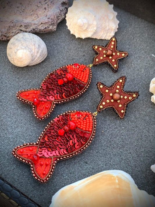 Handmade Beaded Fish Earrings: Red Sequin Starfish Dangle Jewelry