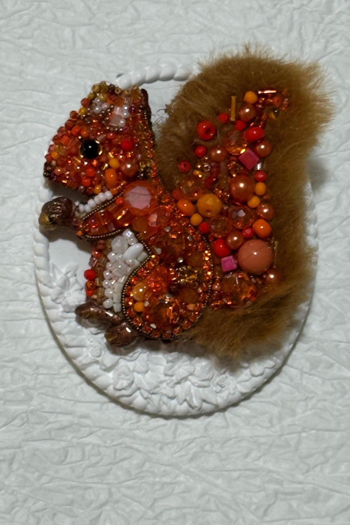 Handmade Beaded Squirrel Brooch: Faux Fur Woodland Pin